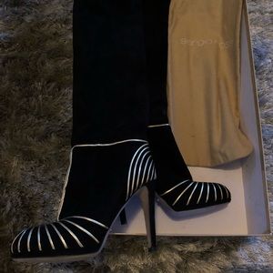 Black suede with gold trim Sergio Rossi tall boot